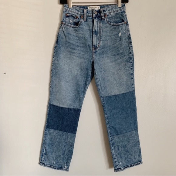 Mid Wash Abercrombie Patchwork Ultra High Rise The Ankle Straight Jean 26S - Picture 12 of 14